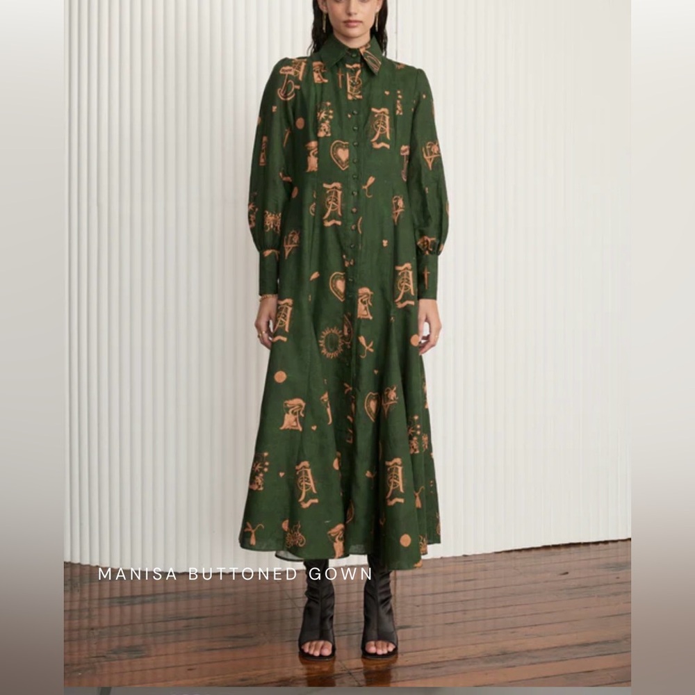 KATE FORD Fall 2023 Manisa Printed Linen/cotton Maxi Button-up Shirt Dress M